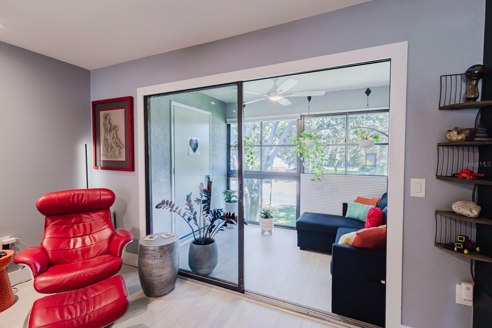 Living area, looking out to balcony