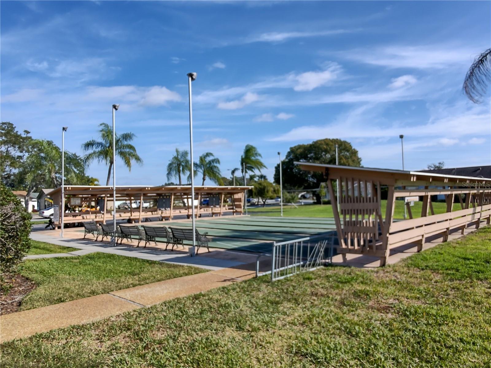 Full view of shuffleboard courts.