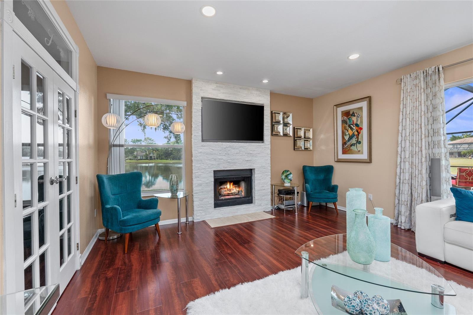 Wood burning fireplace makes this space so cozy