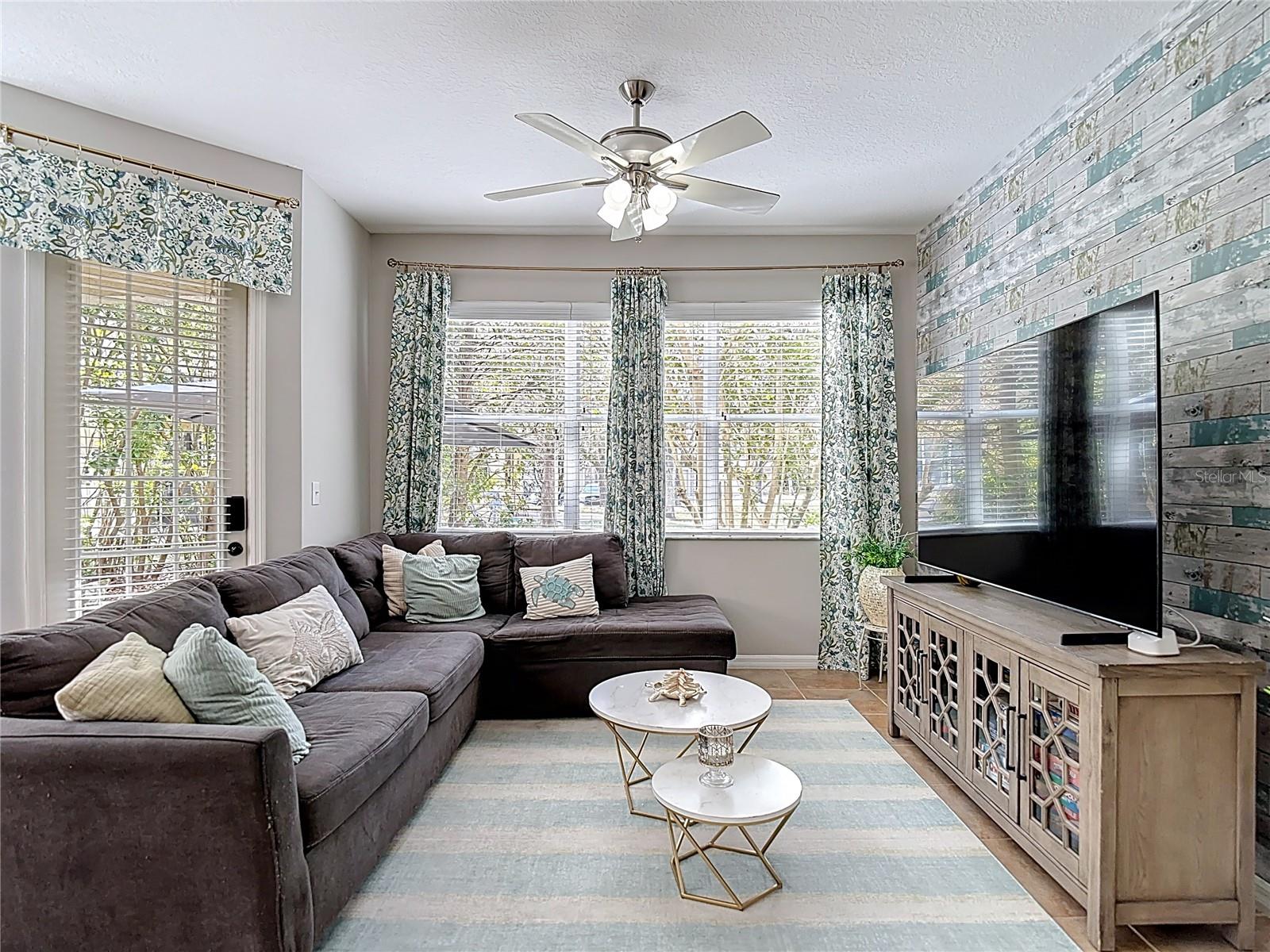 Living room with tile floor