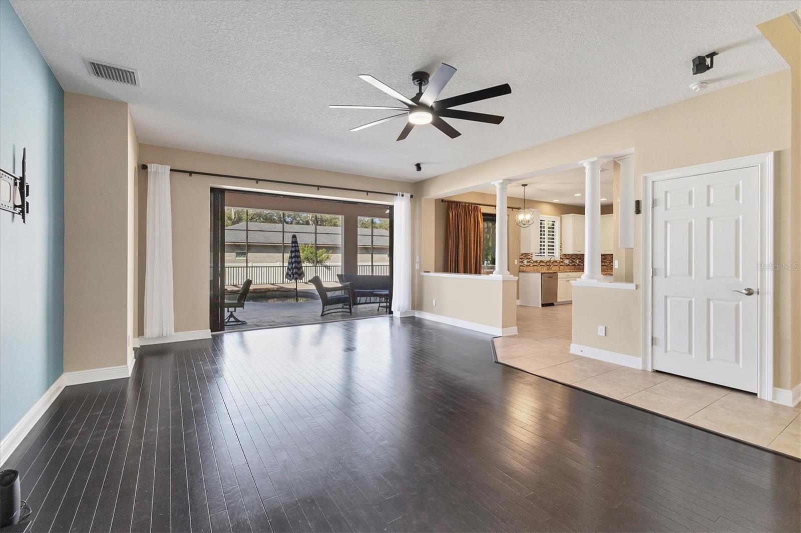 Family room offers a view into the kitchen and back patio.  Storage closet behind the door on right.