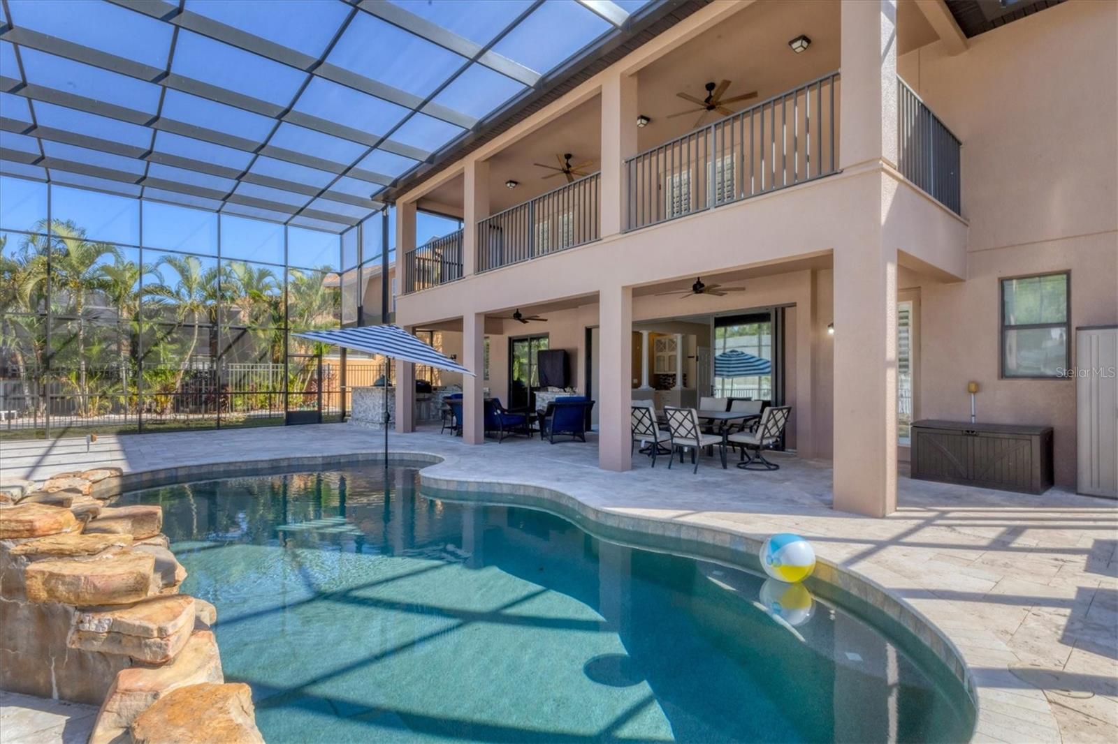Full view from pool to back of house and covered