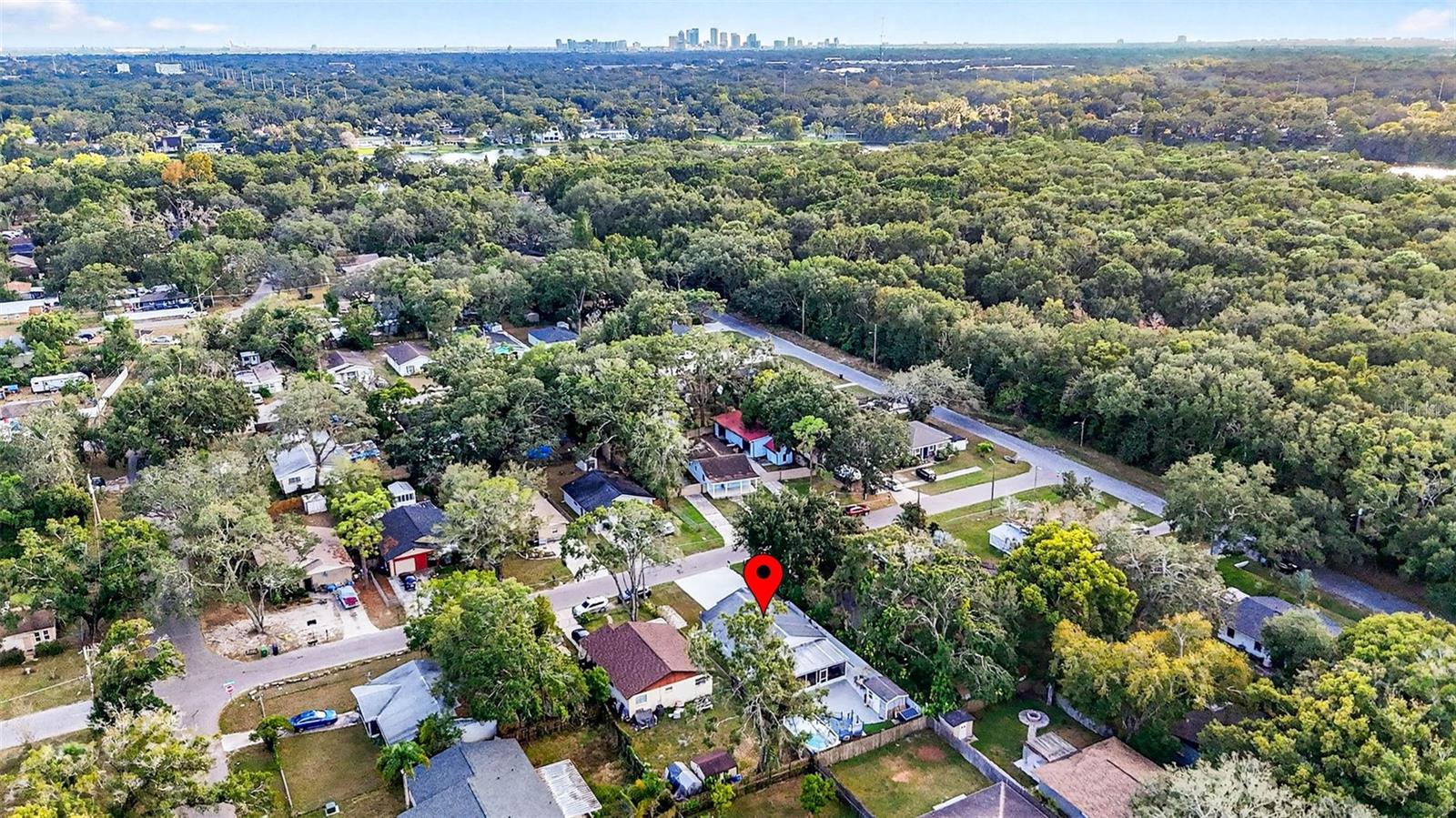 Aerial view of home & surrounding neighborhood