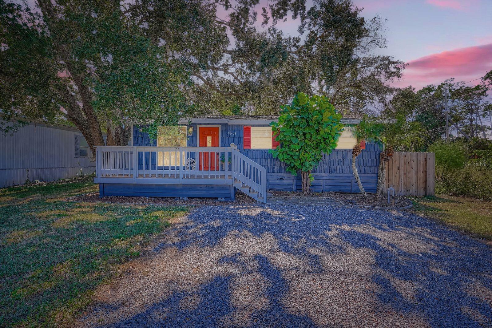 Front elevation at sunset