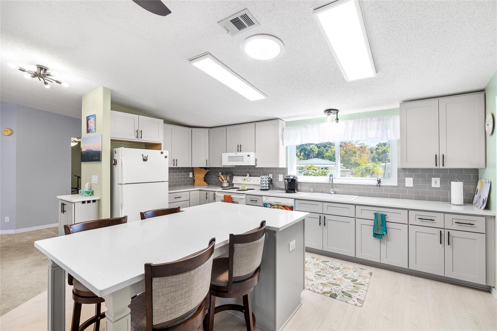 Newly remodeled kitchen with stunning Quartz countertops, wood cabinets, new light fixtures and flooring
