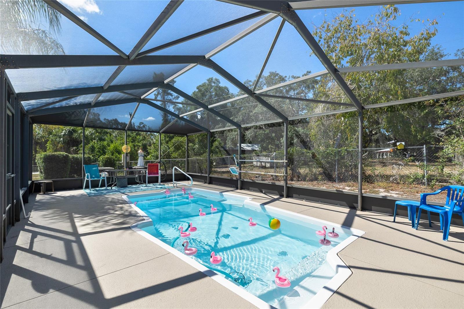 Stunning enclosed heated, salt-water pool with partial UV sun filter.