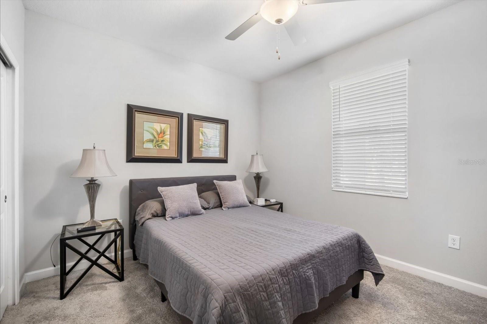 Second bedroom has ceiling fan and carpet