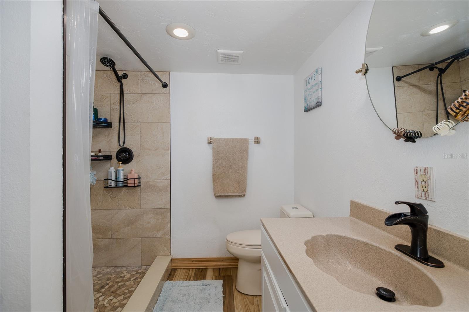 Ensuite primary bathroom with large, tiled shower
