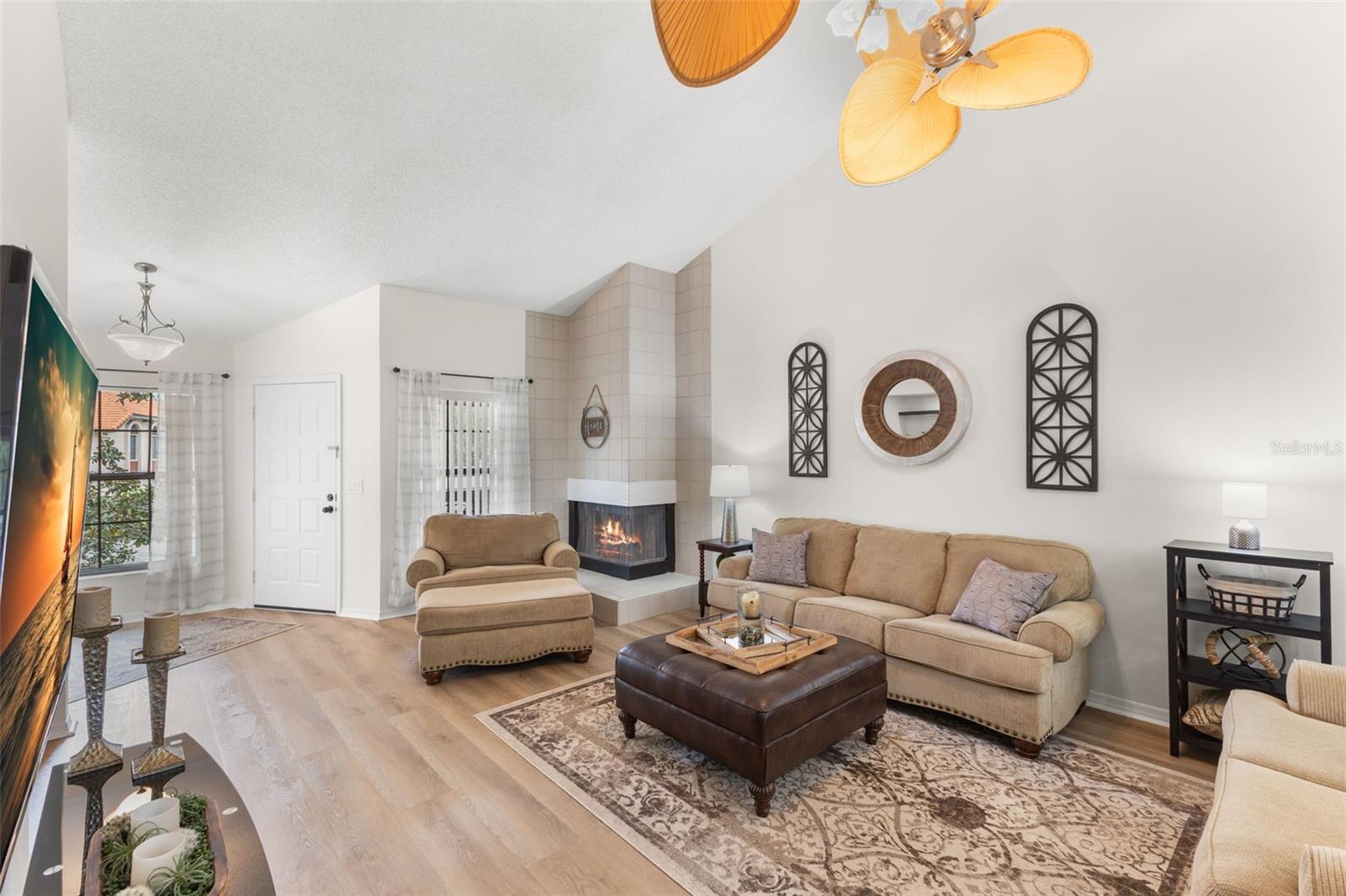 Corner wood burning fireplace