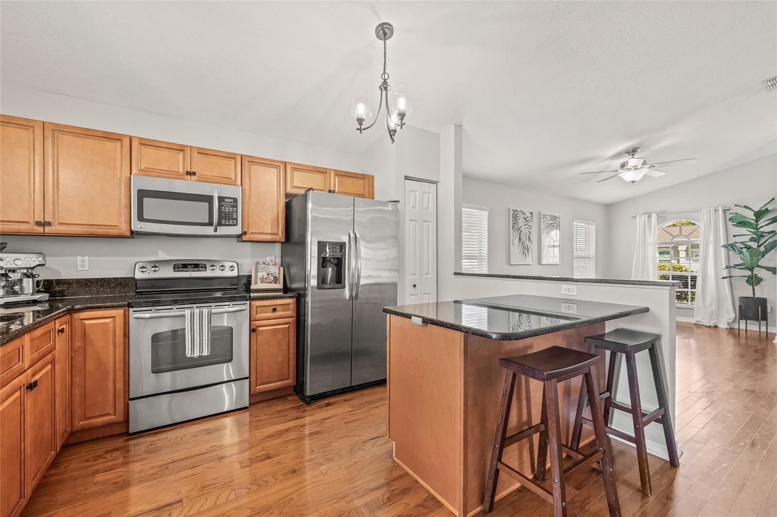 Stainless steel appliances and open countertops.