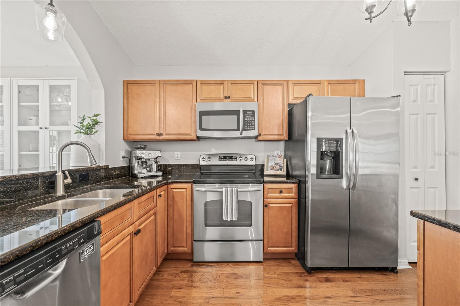 Kitchen equipped with stainless steel appliances.