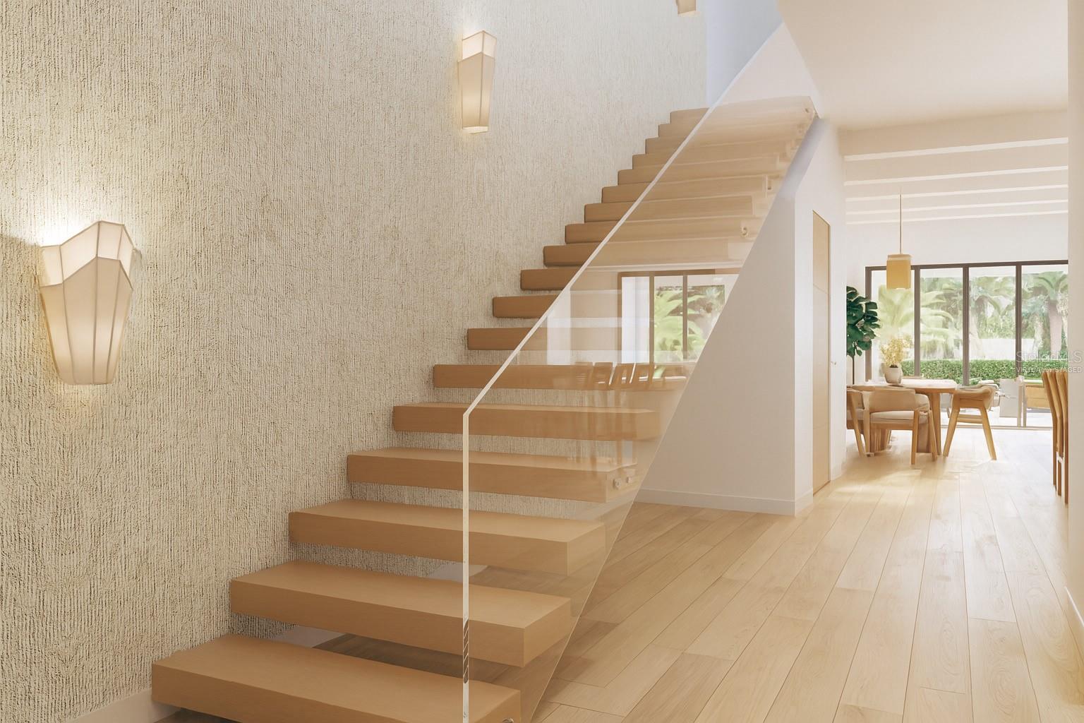 Virtually Staged Render-Foyer/Entryway with Floating Staircase