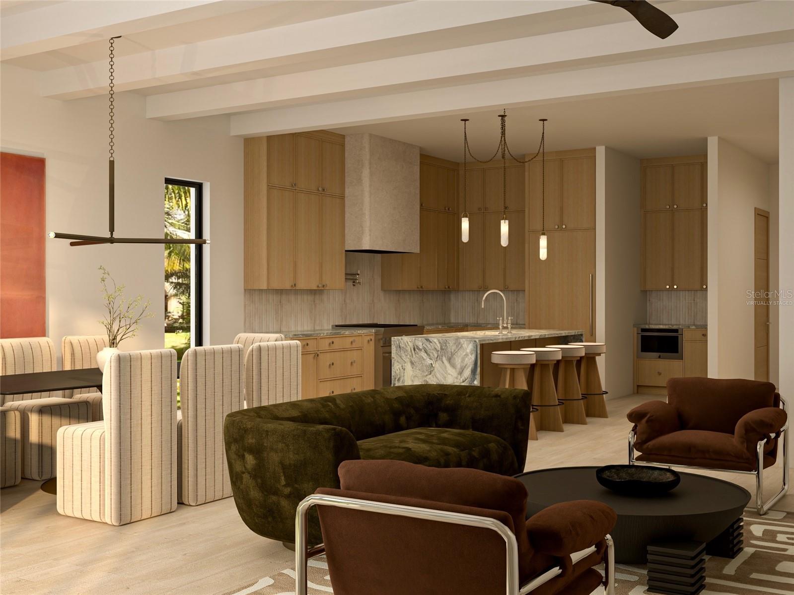 Virtually Staged Render-Kitchen, Living, and Dining