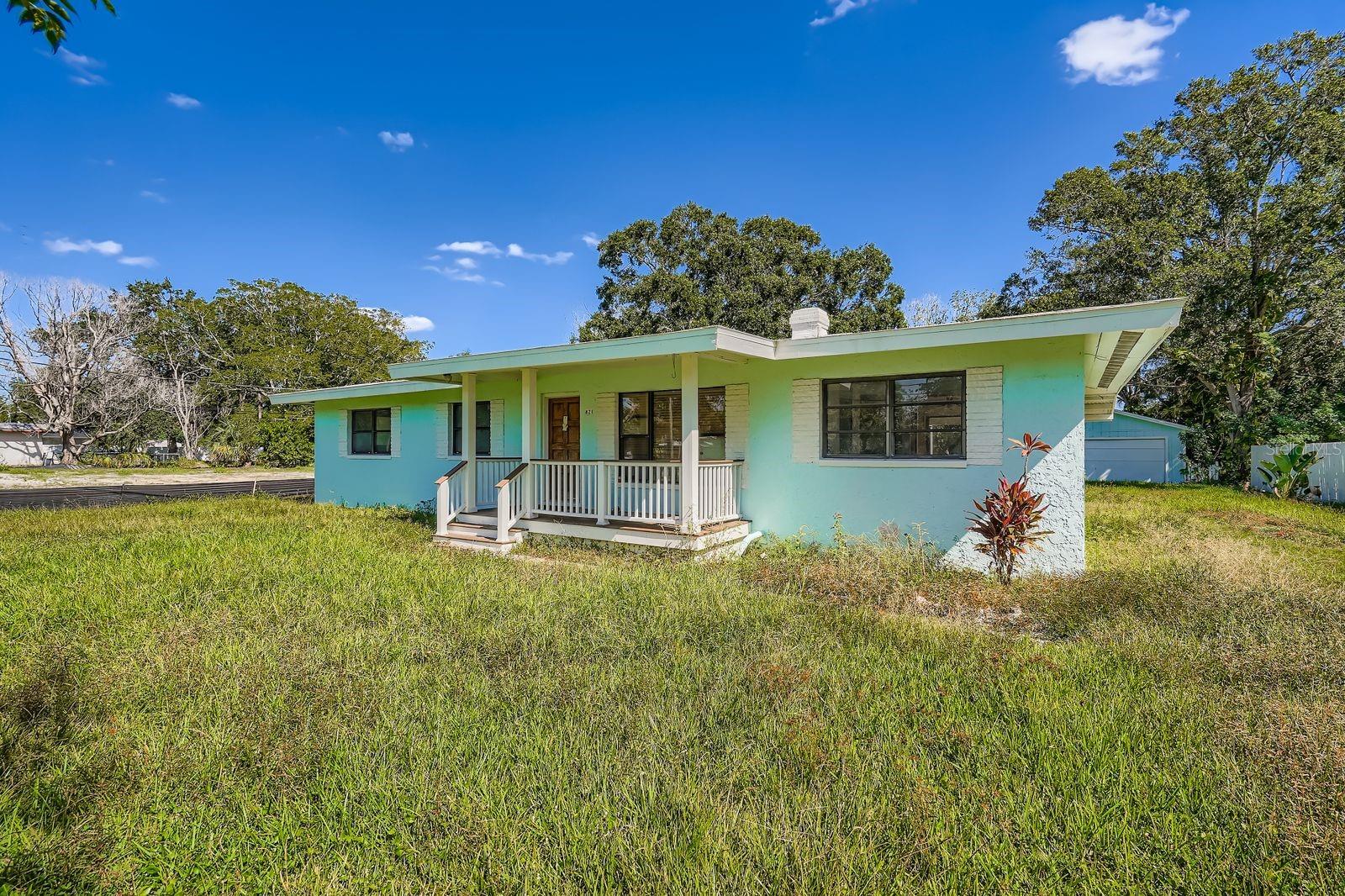 Front elevation and front yard