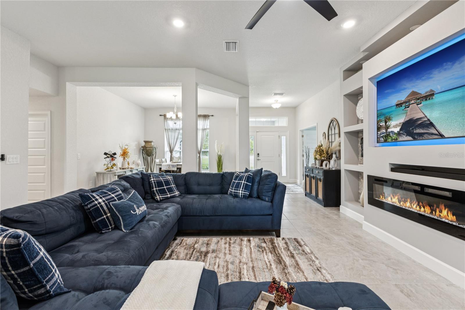 Large living room with custom built entertainment system