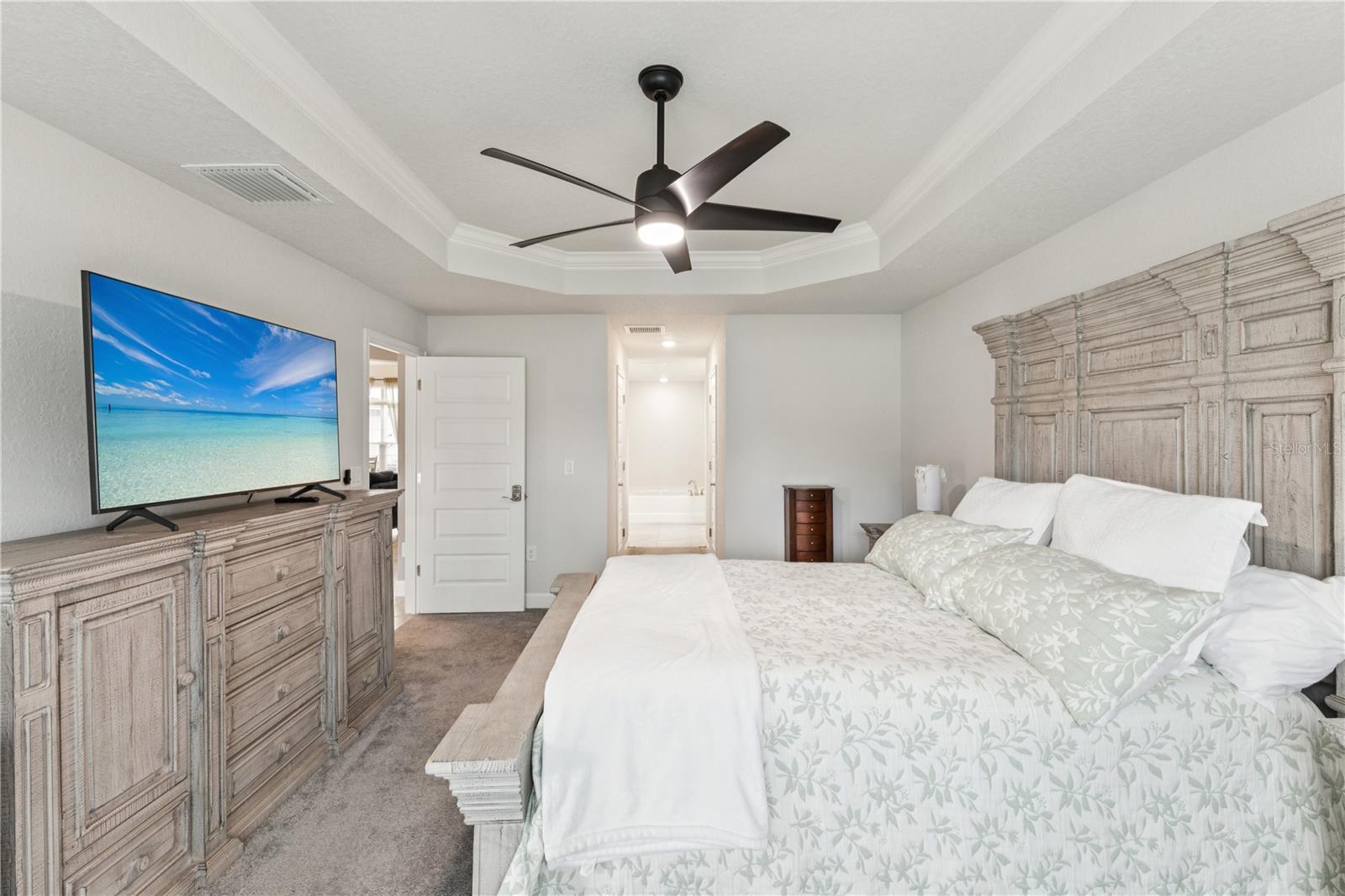 Primary bedroom featuring tray ceilings