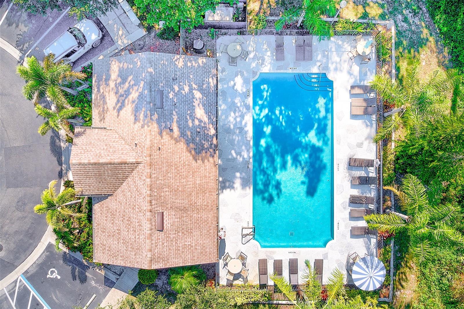 Aerial view of community pool and clubhouse