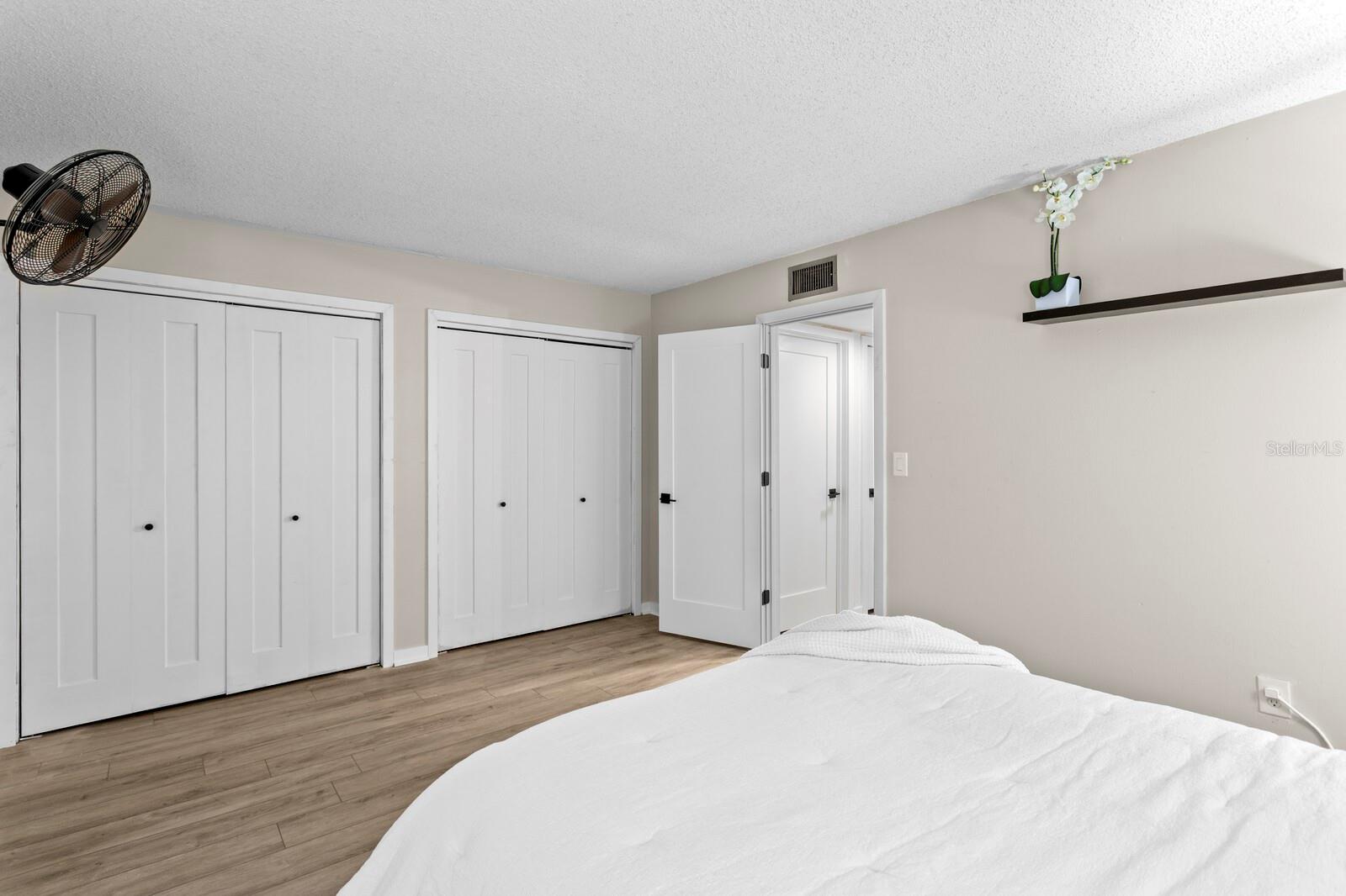 From your bed, you can have added fresh cool breeze with a fan or you can take it down. The closet space is waiting for you.