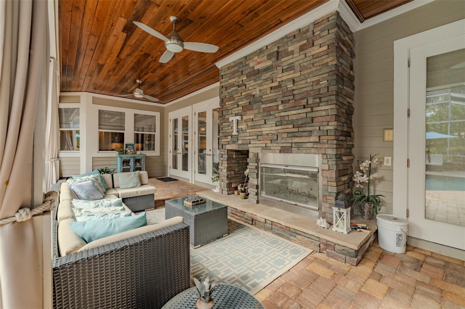 outdoor seating next to fireplace