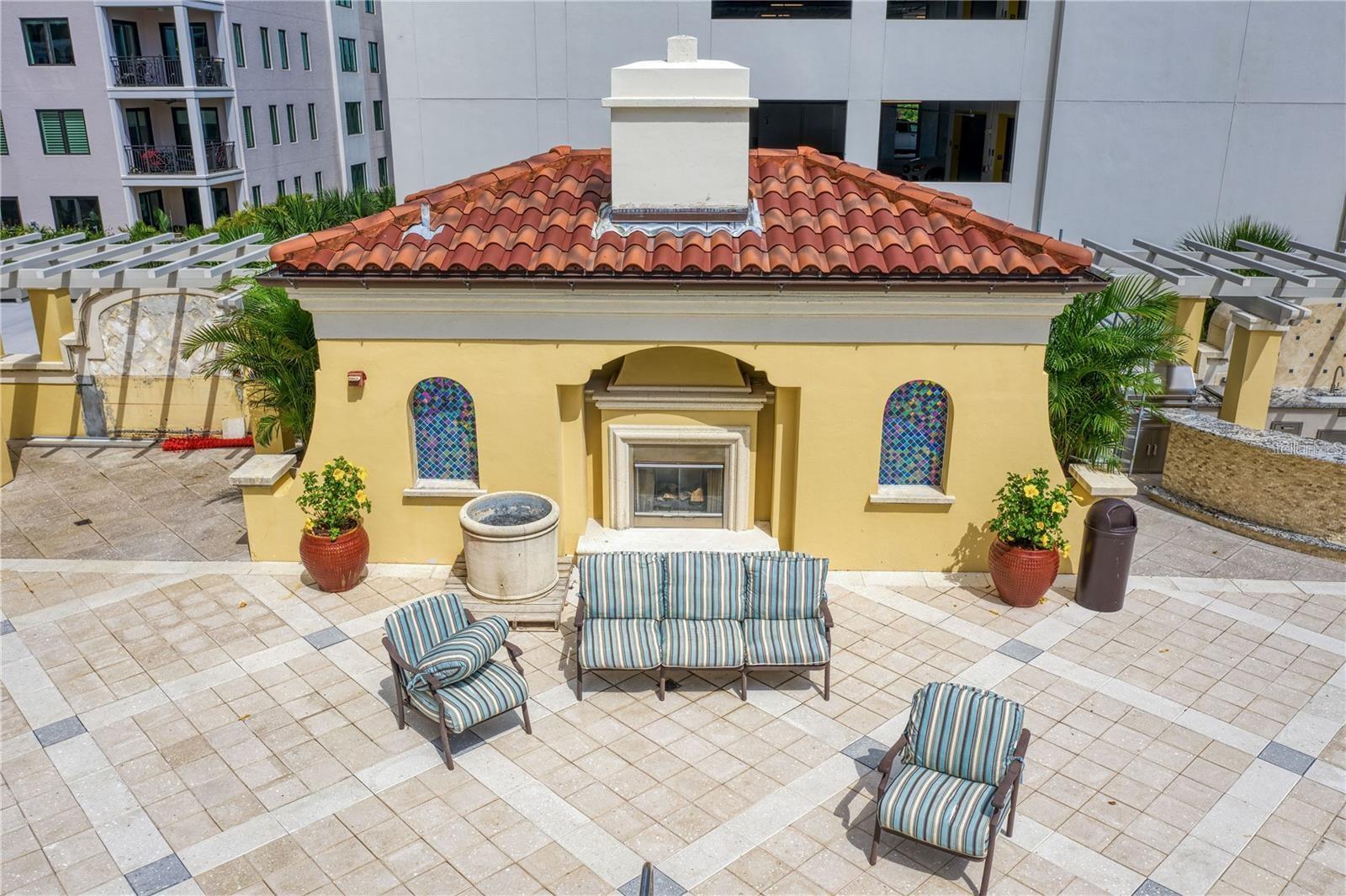Fireplace area along North end of pool area