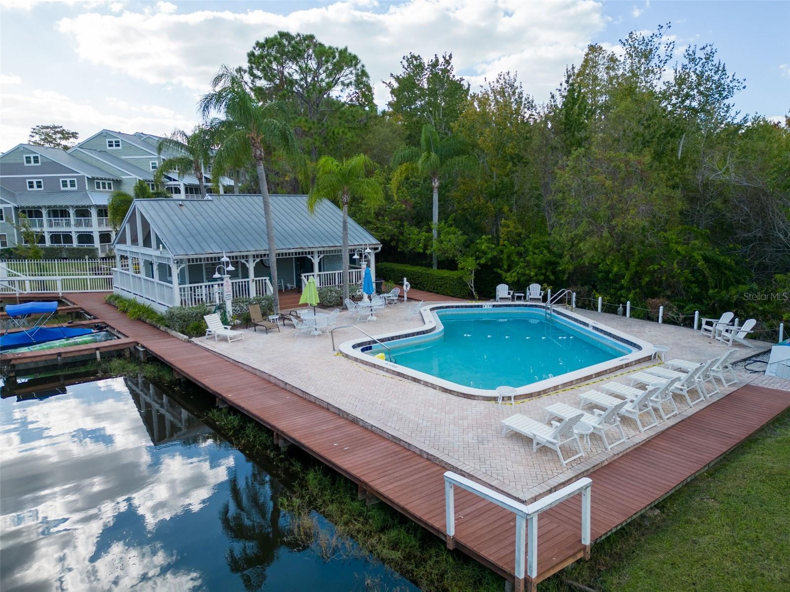 Pool with view of lake
