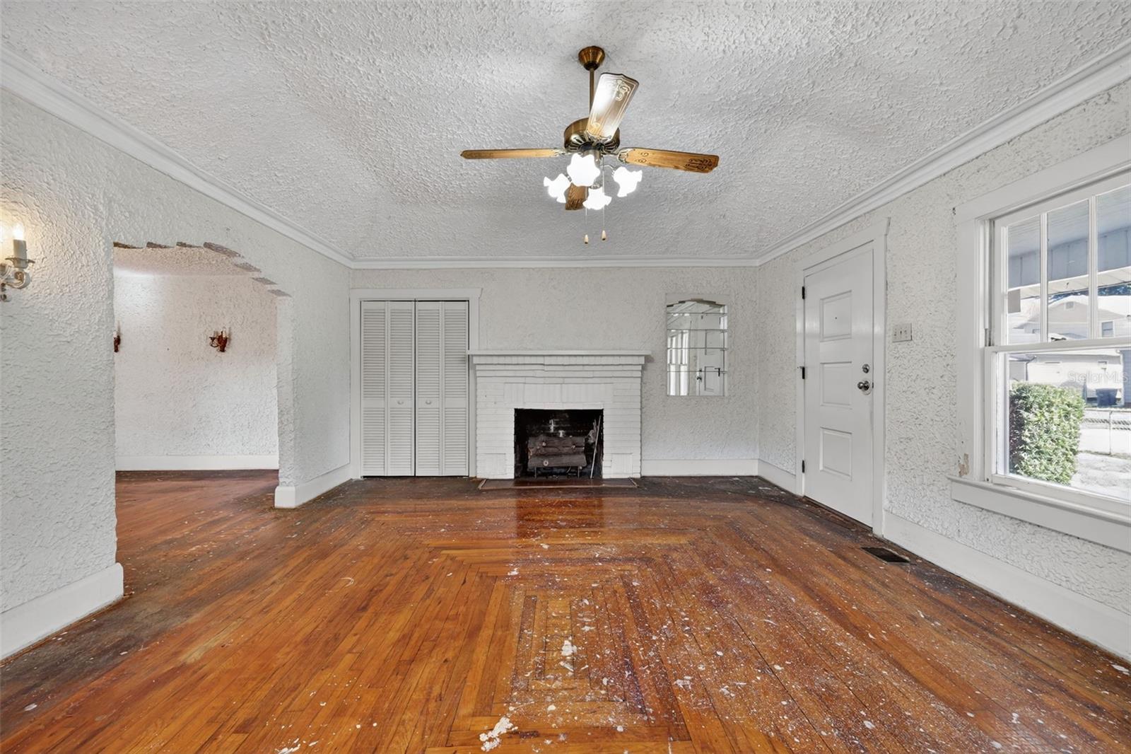 Living room, gas fireplace and a hidden mural in the closet to the left of the fireplace.