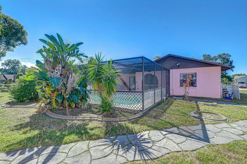Backyard with lush, tropical Landscaping