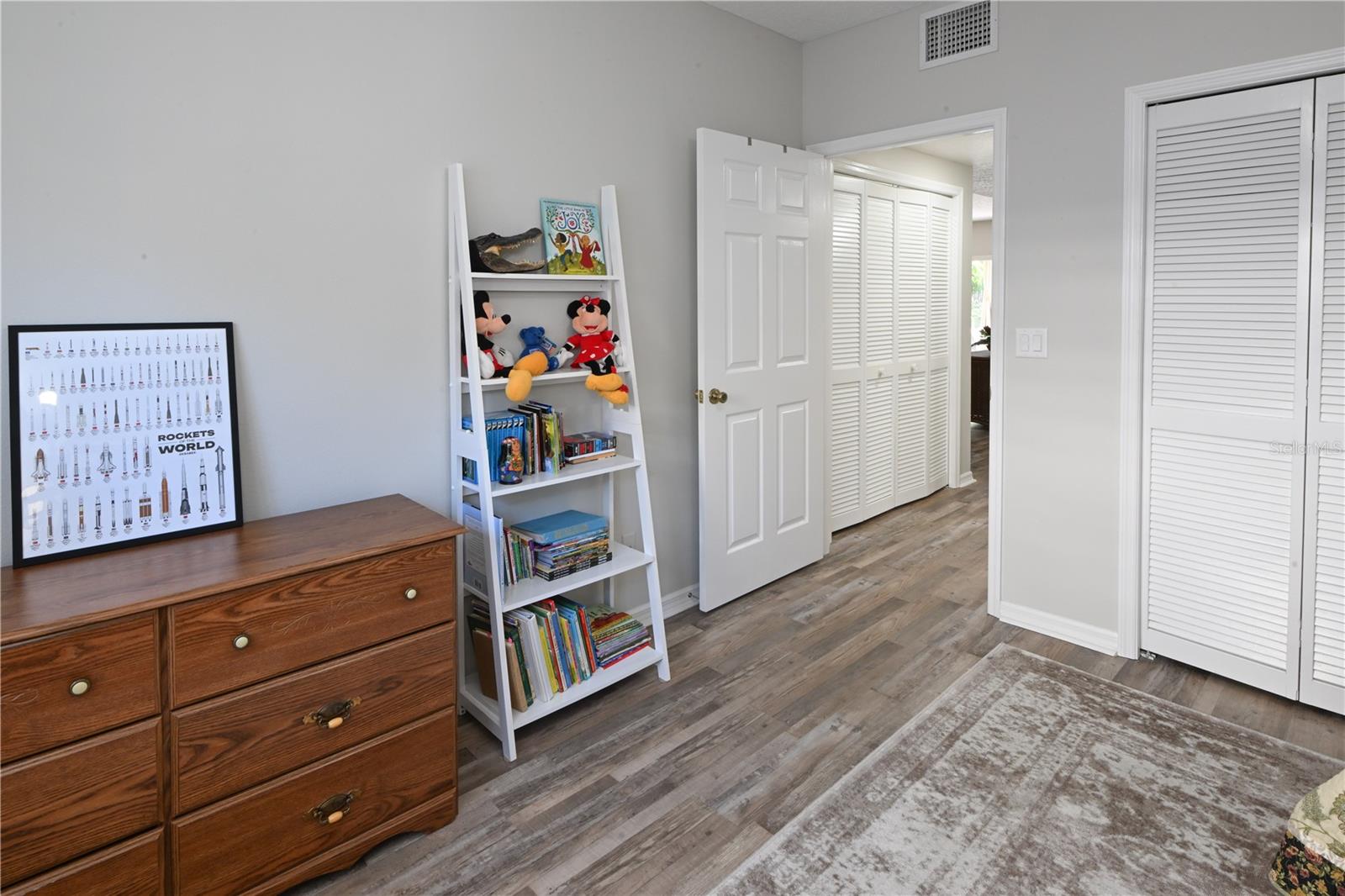 Guest bedroom with dresser and bookshelf.