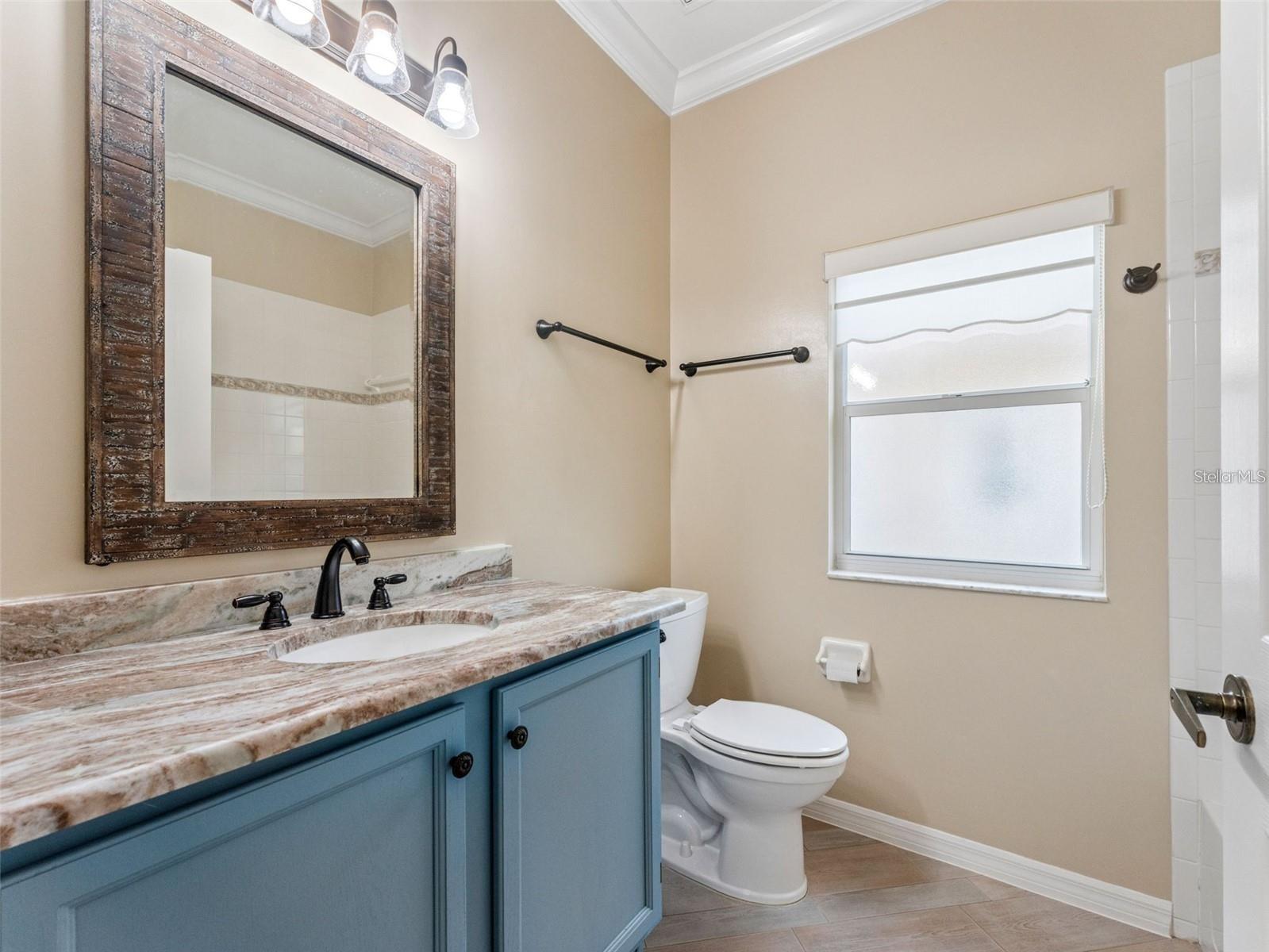Hall bathroom updated with fantasy brown granite countertops