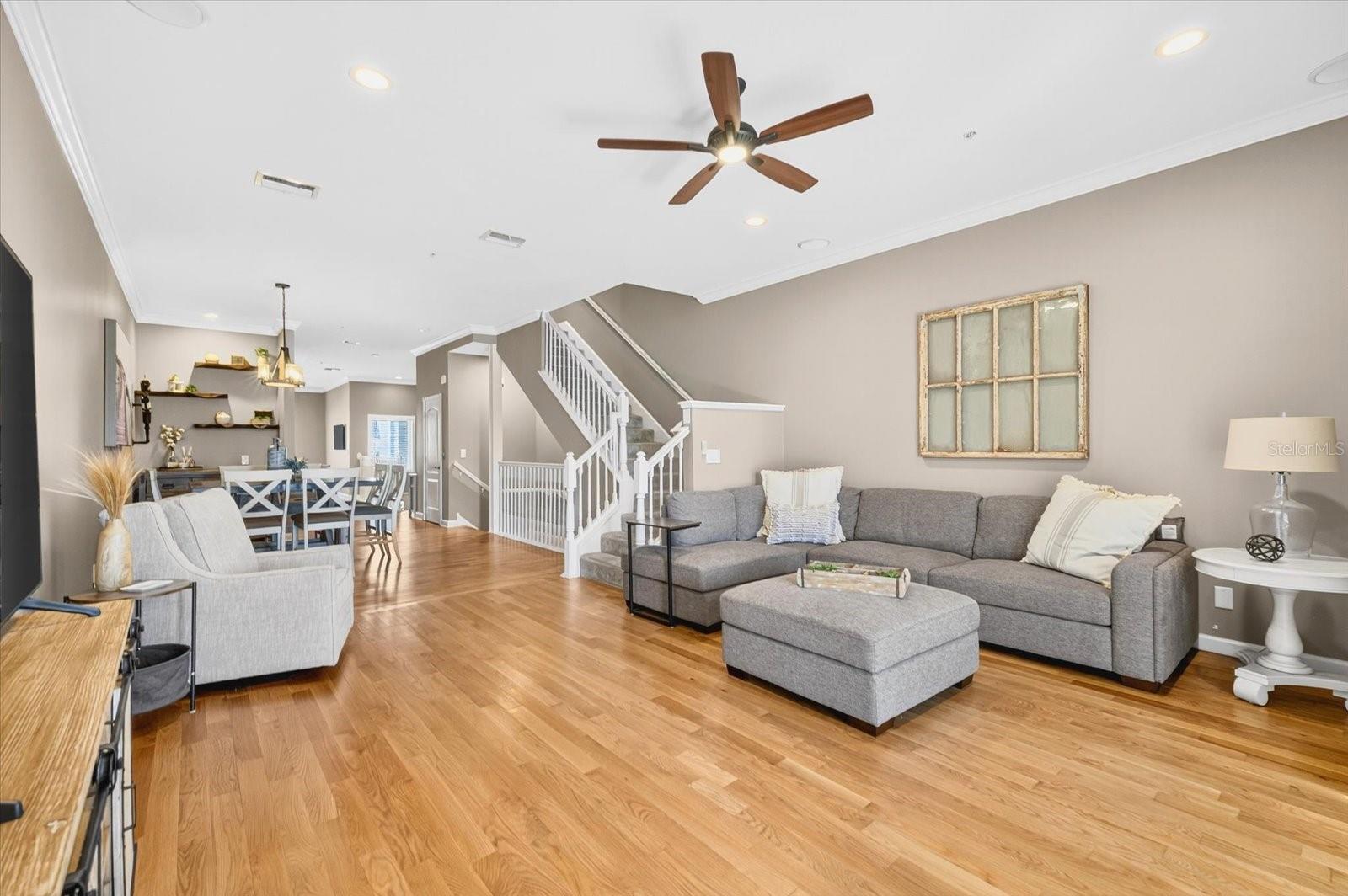 Living room with view towards the kitchen