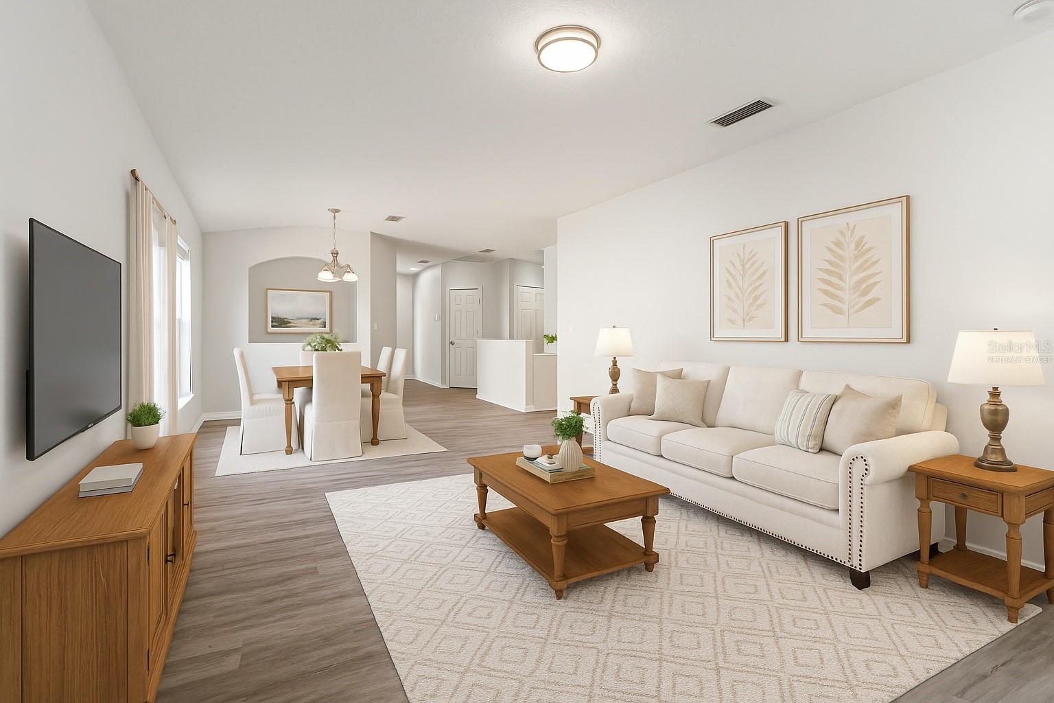 Virtually Staged living room and dining room.