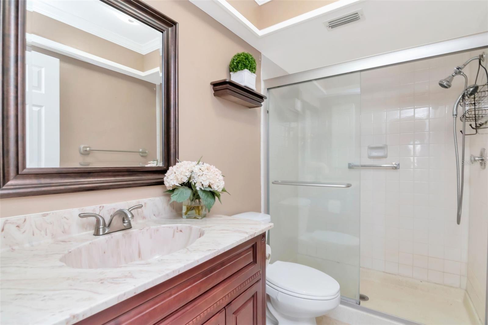 Updated master bathroom with step in shower with double shower heads, sturdy glass doors, & safety bars~
