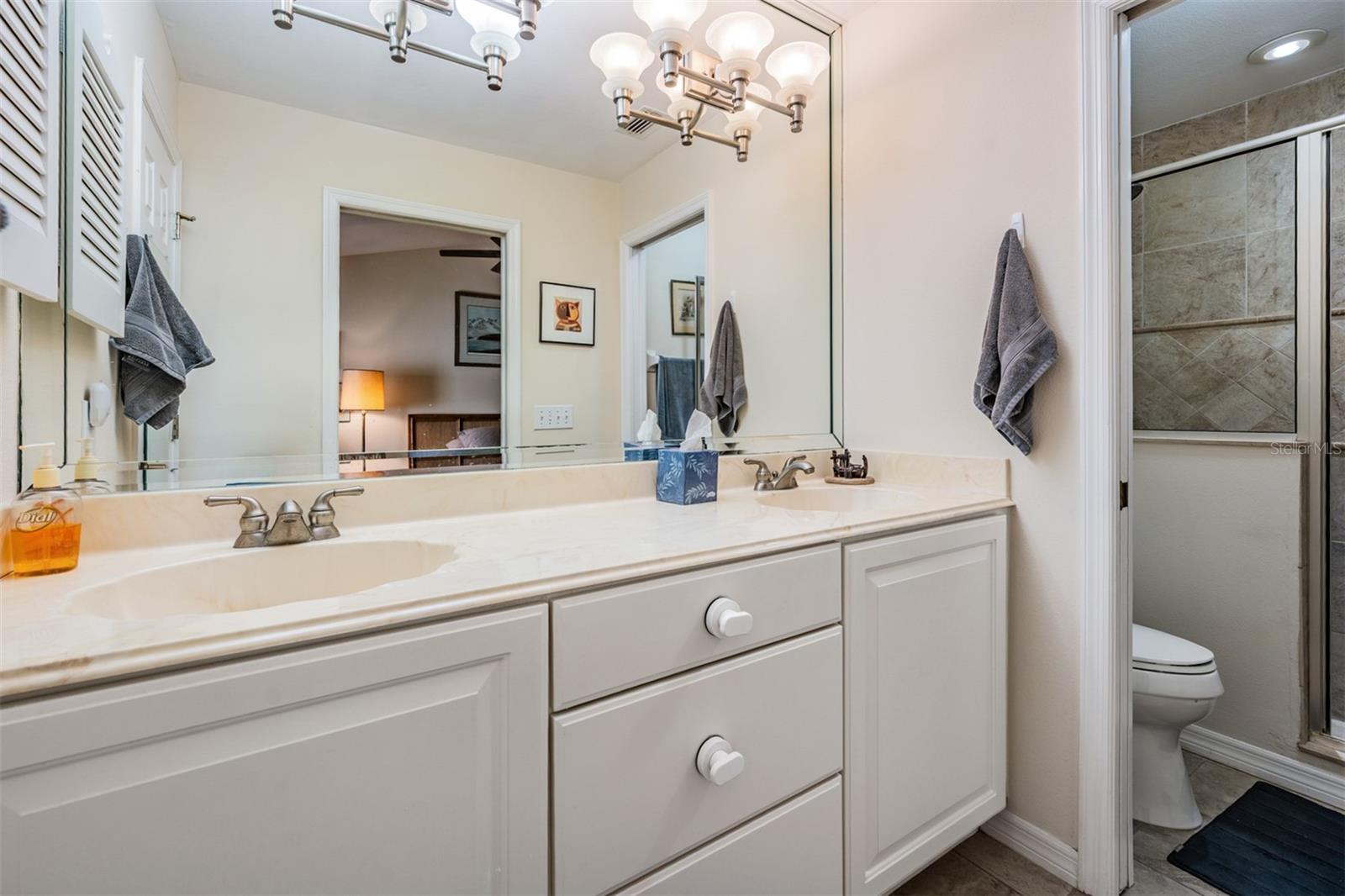 Master Bathroom, double vanities, separate shower to the right.