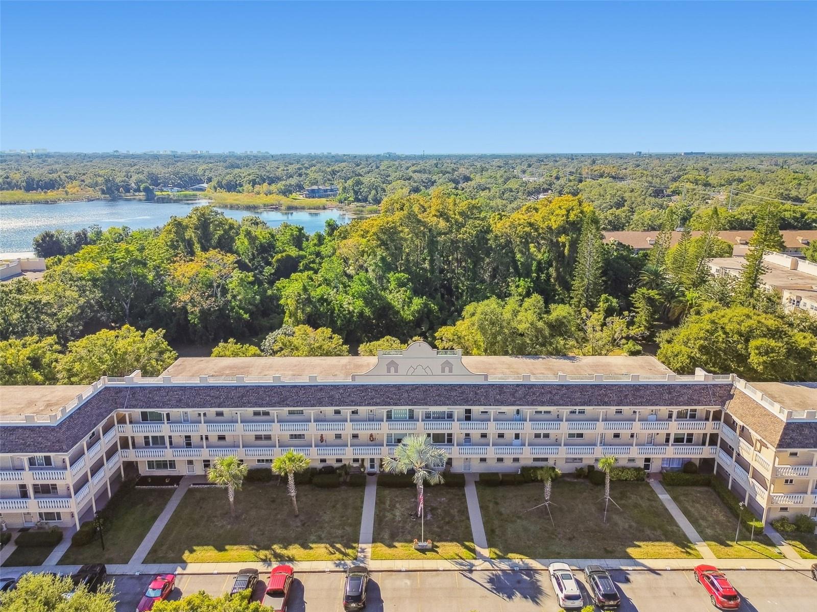 Aerial view of building and lake