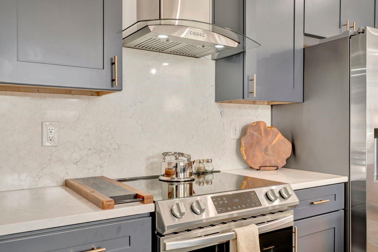 The sleek range and hood with back wall of quartz