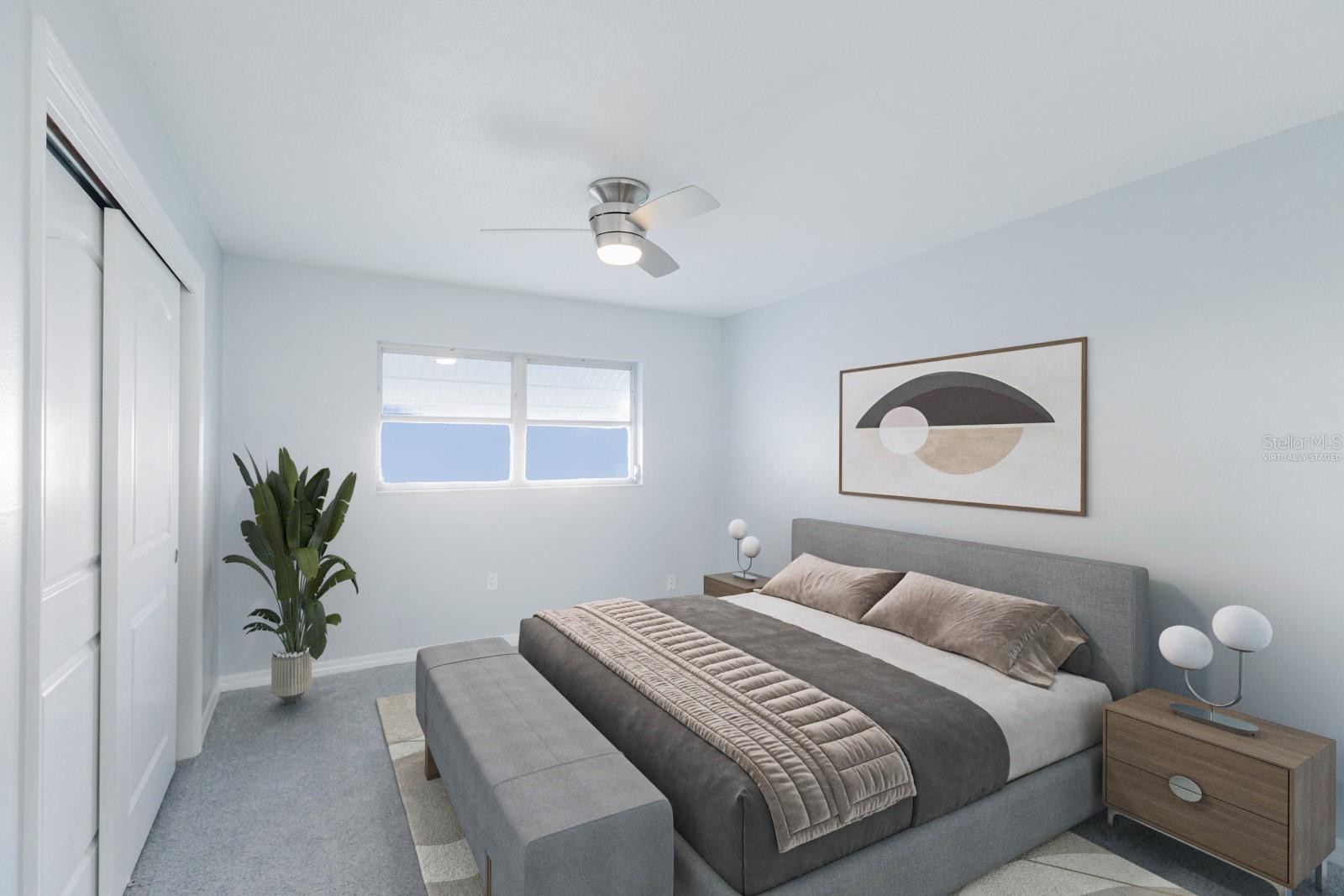 Primary bedroom, virtually staged.