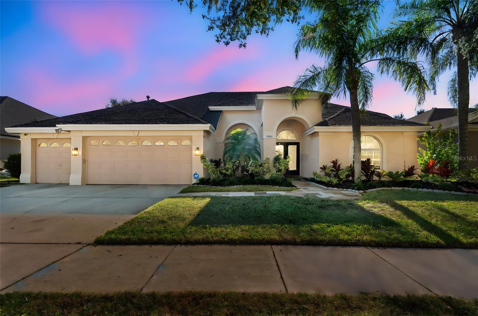 Front exterior elevation at dusk