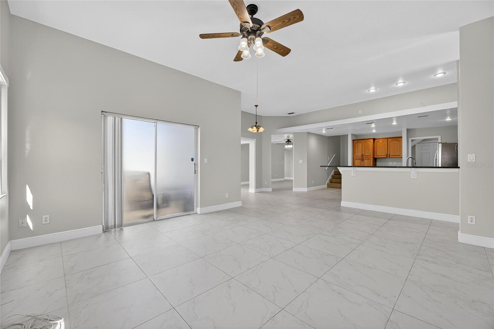 The family room just off the kitchen and dinette areas.