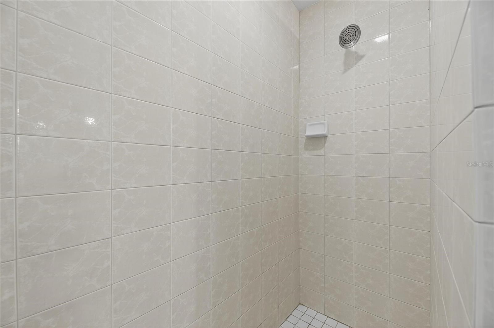 Large shower with controls at the other end.  Love that!
