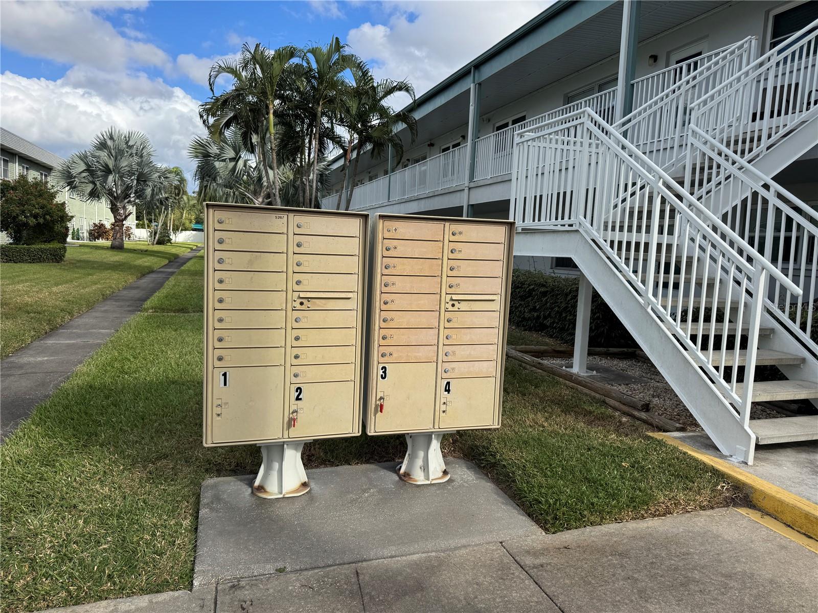 The mailboxes are convenitently located at the front of the building