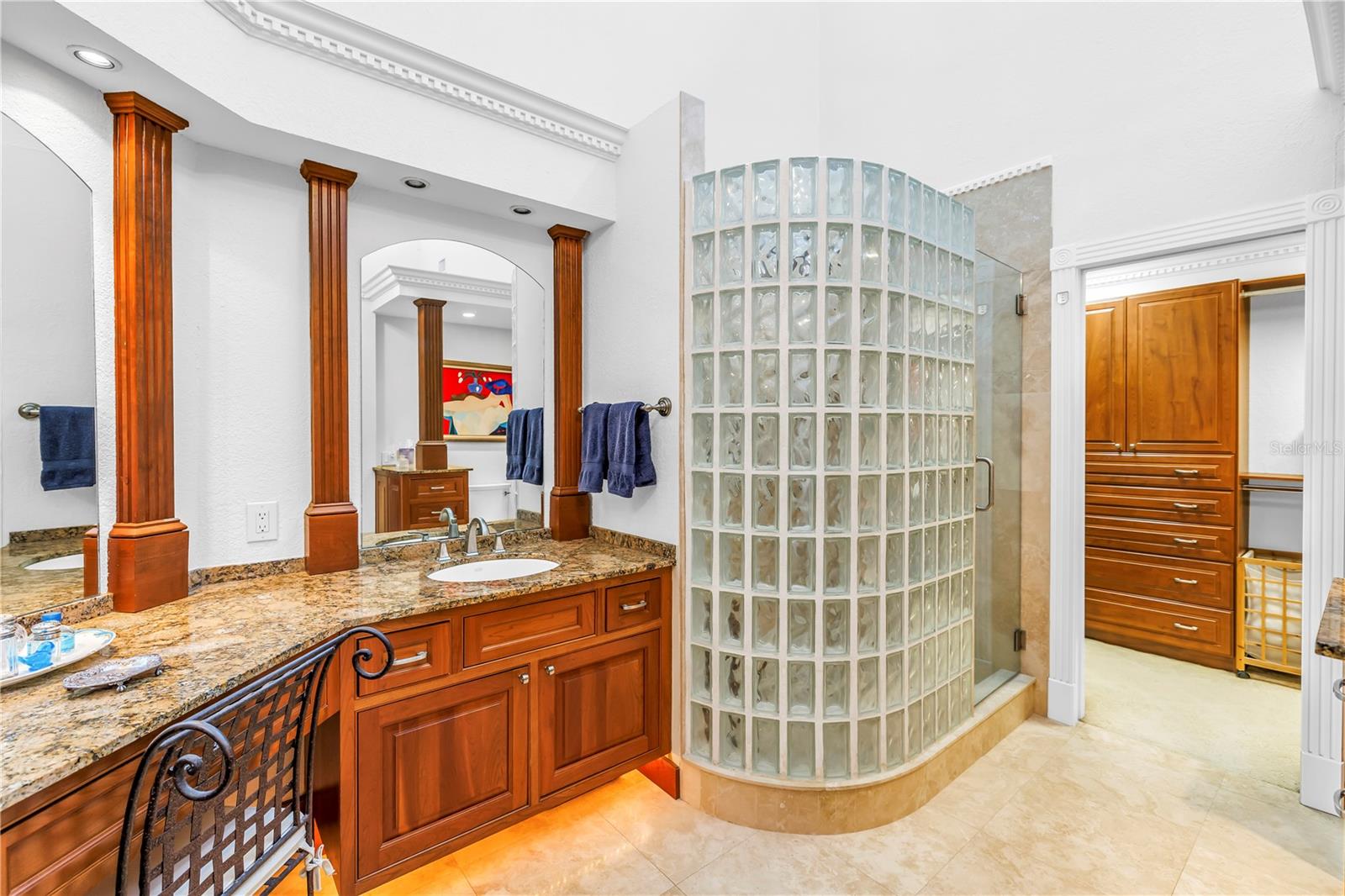 Primary bath with large glass block shower