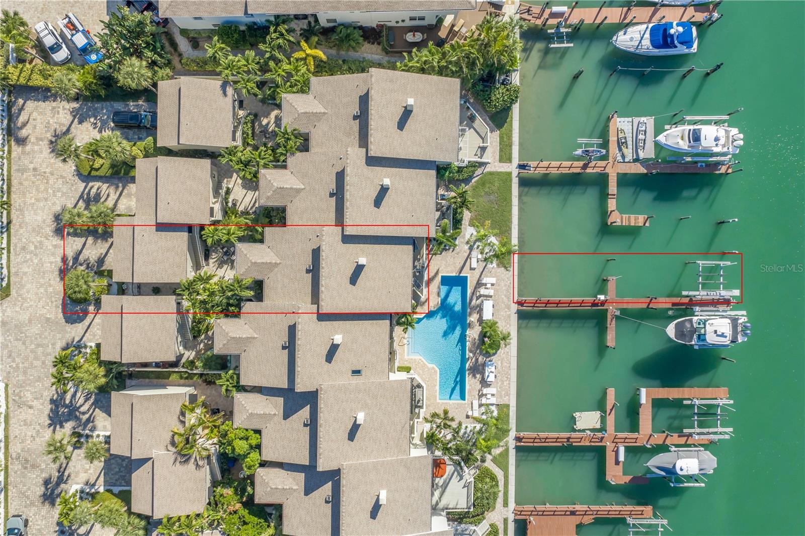 Ariel showing townhome and dock