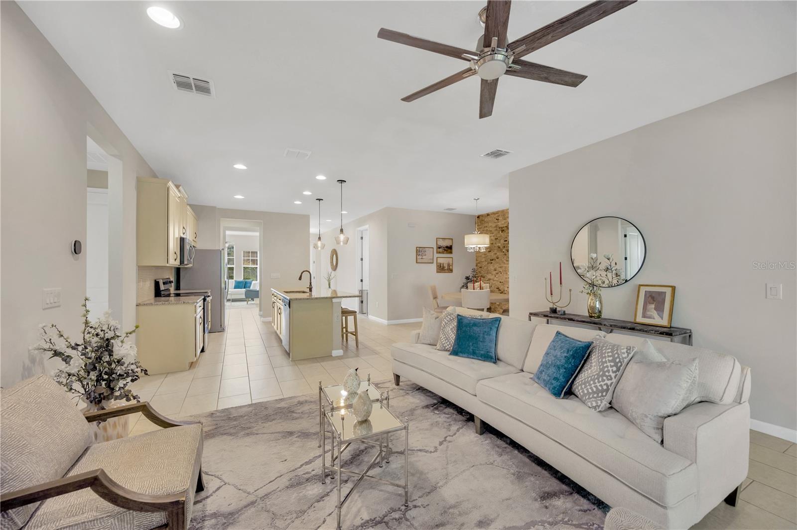Living room kitchen and dining room view