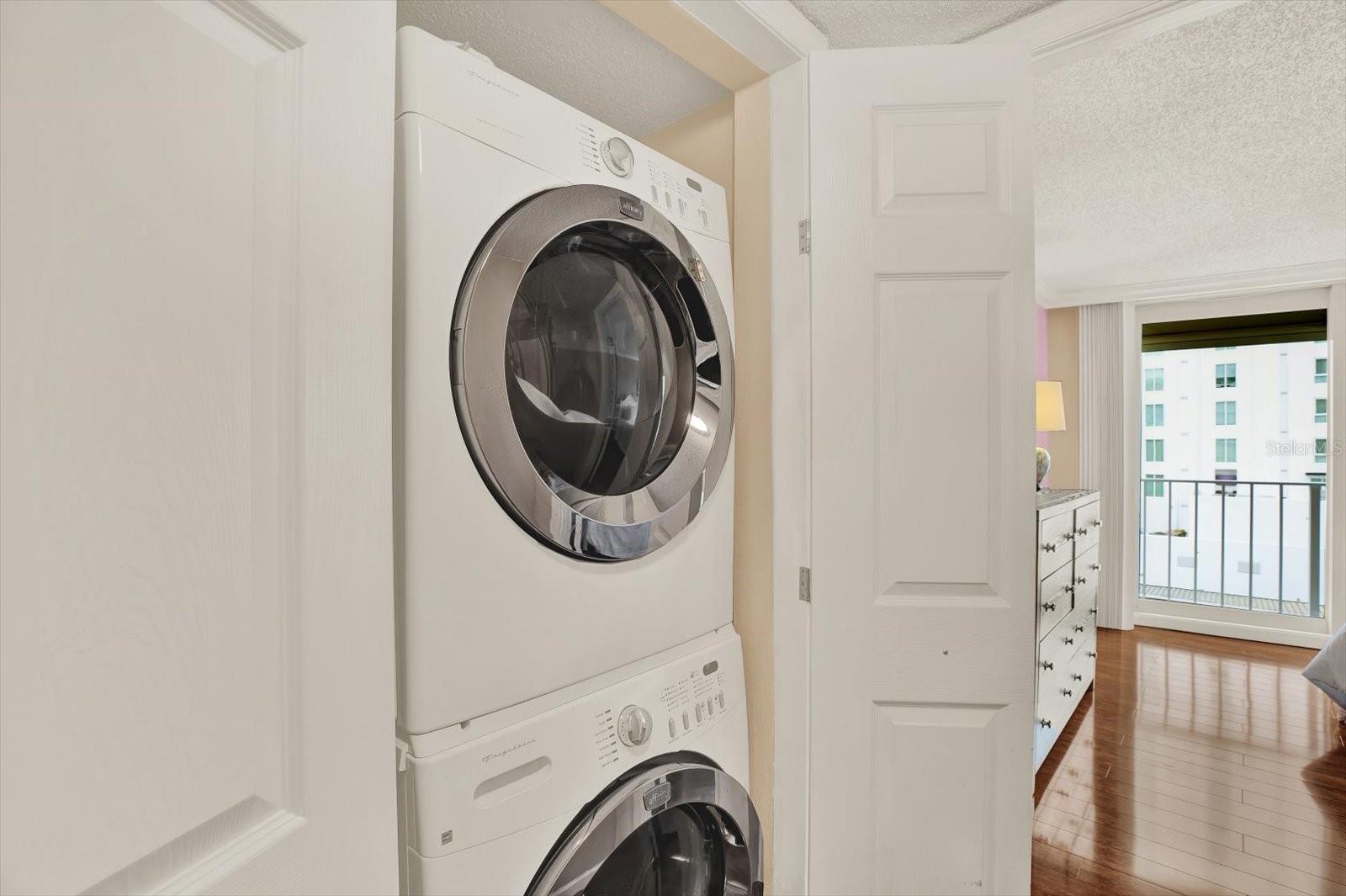 Stackable washer and dryer stays with the unit.