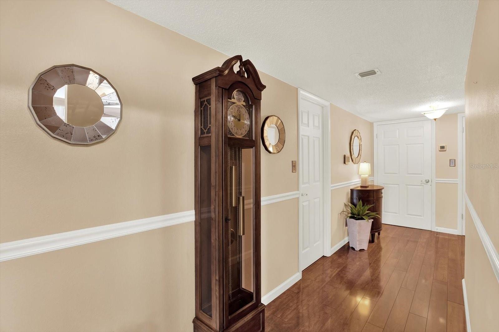 Hallway with a coat closet and walk-in pantry.
