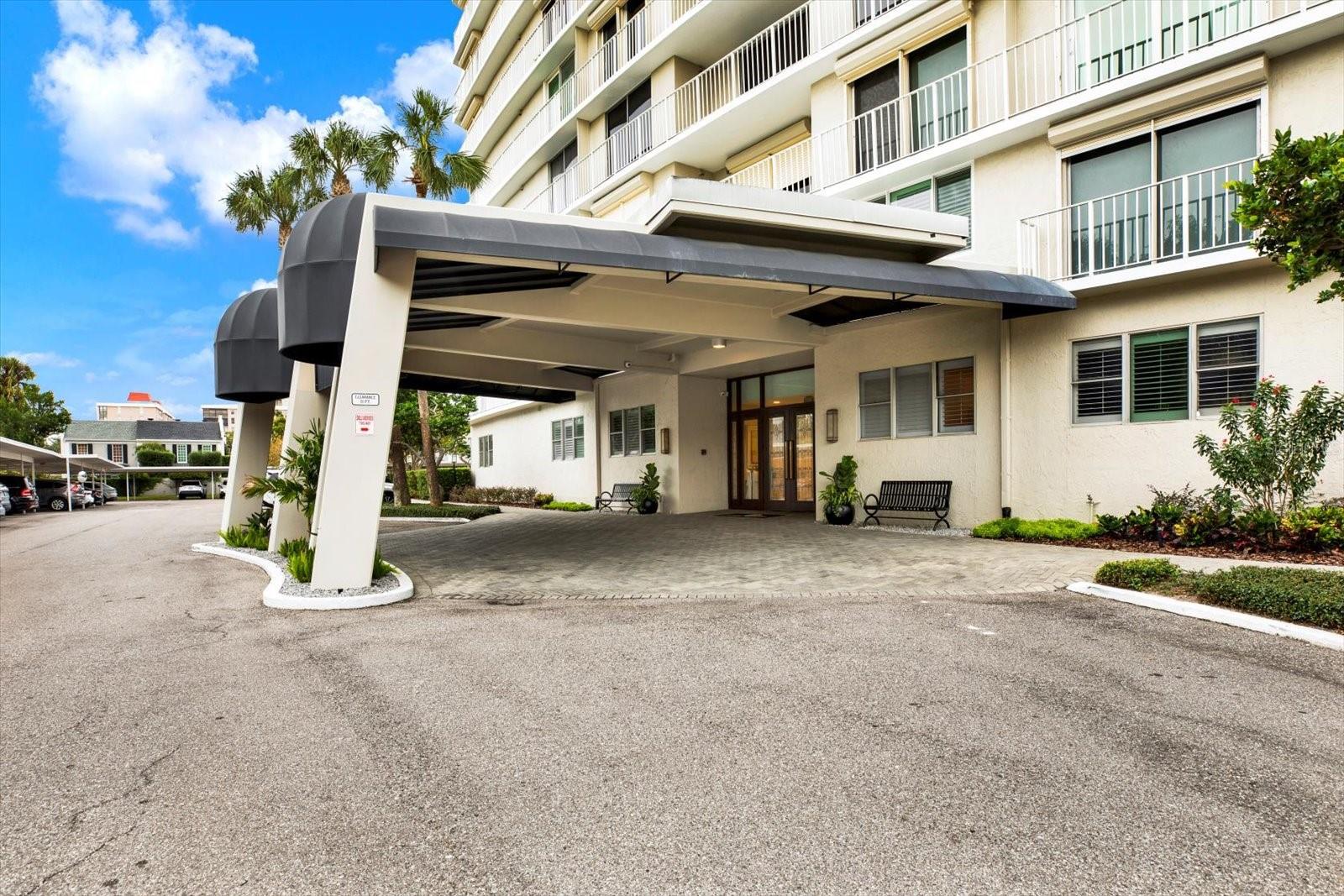 Covered portico. Entry to the building requires a key fob.