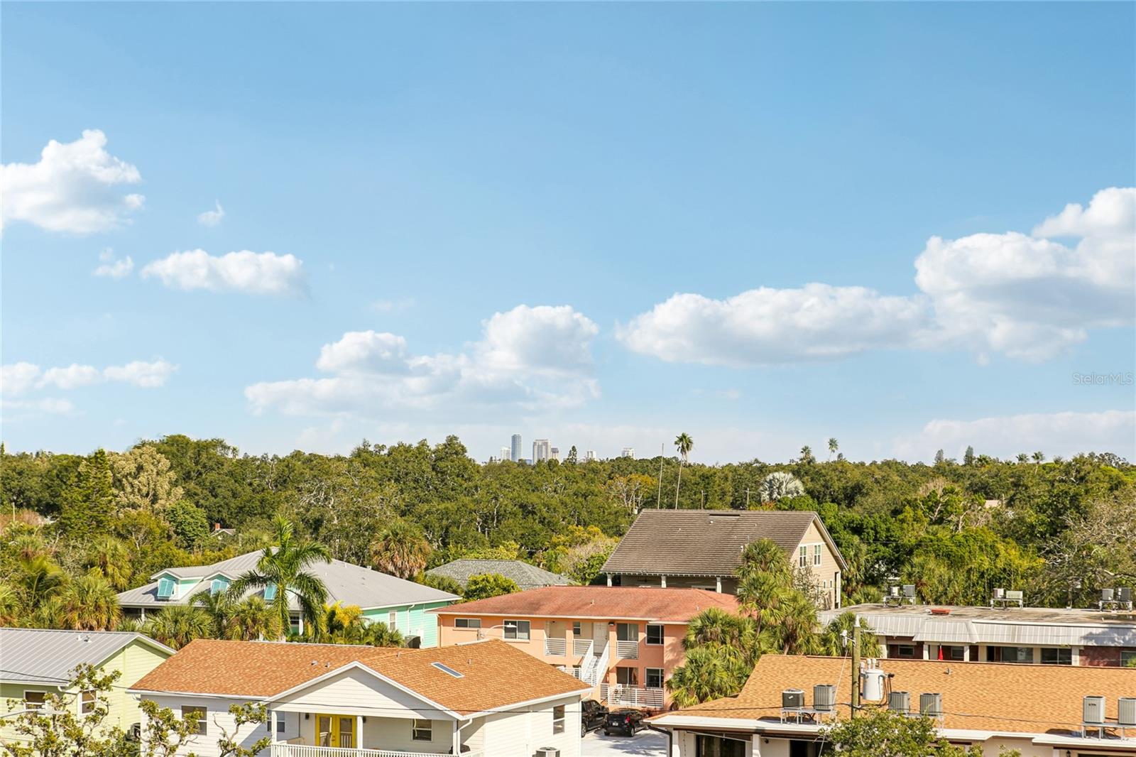 Look over the rooftops and you will see the skyline of St. Pete from your entryway and living room!