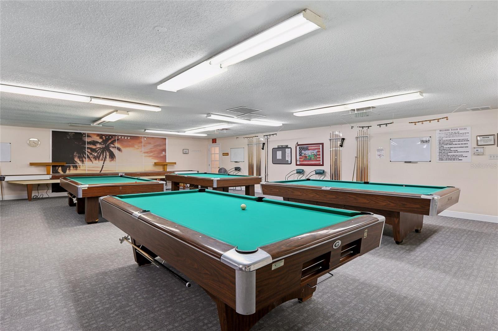 Spacious billiards room featuring multiple tables—perfect for friendly games and lively tournaments.