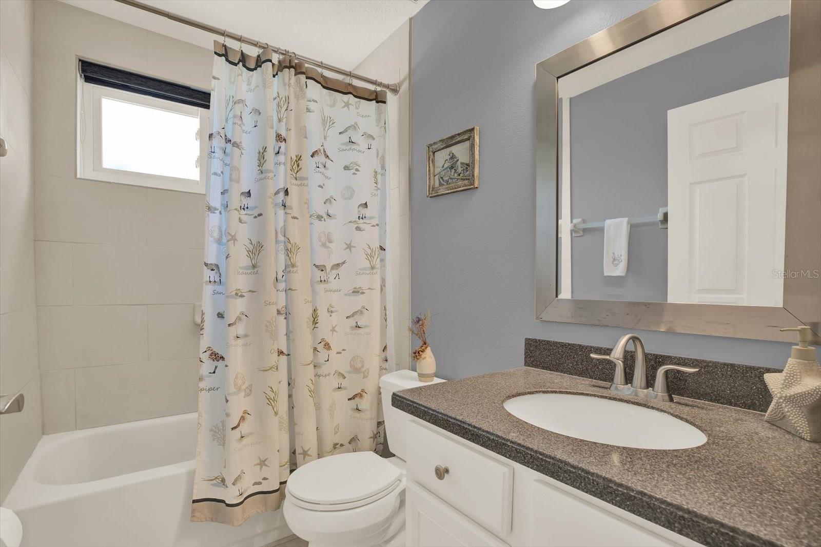 Guest bath is flooded with natural light, while clever use of no-peek windows ensures privacy