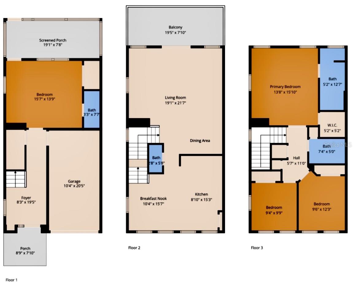 Floor plan of all three floors of the townhome with the measurements
